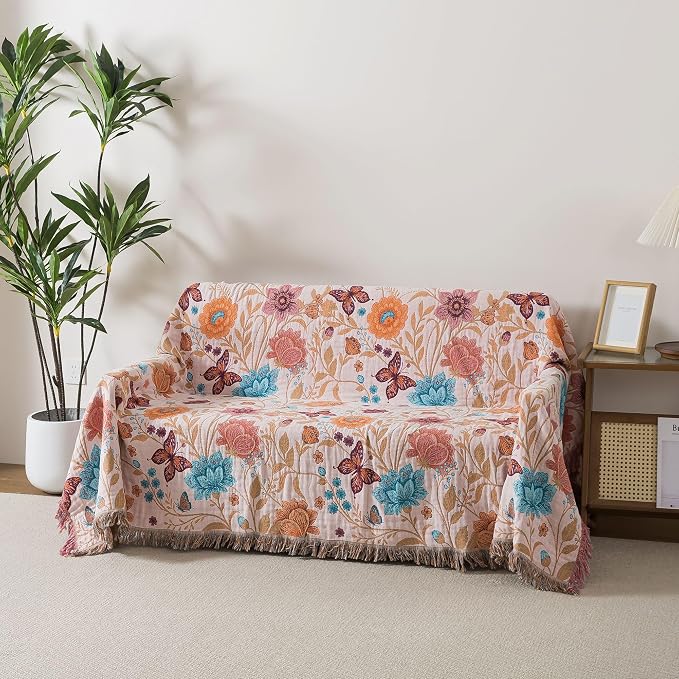 Phuryllic Boho Throw Blanket Twin Size, Soft Cozy Cotton Muslin Quilt Blanket for Bed Decor, Floral Patterned Couch Sofa Chair Cover, Vintage Farmhouse Cottage Tapestry Woven Blanket, Coral&Green