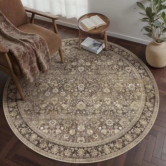 HUGEAR Round Rug 5ft Entryway Rugs Machine Washable Brown Hallway Area Rug 5x5 Small Circle Accent Rug Floral Low Pile Carpet Soft Throw Rug Living Room Office Laundry Room Entrance Non Slip