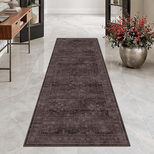 Washable 2x6 Runner Rug for Hallway, Dark Taupe Brown Low Pile Non-Slip Long Kitchen Runner Rugs for Bathroom Laundry Room, Boho Vintage Traditional Eclectic Stain Resistant Carpet