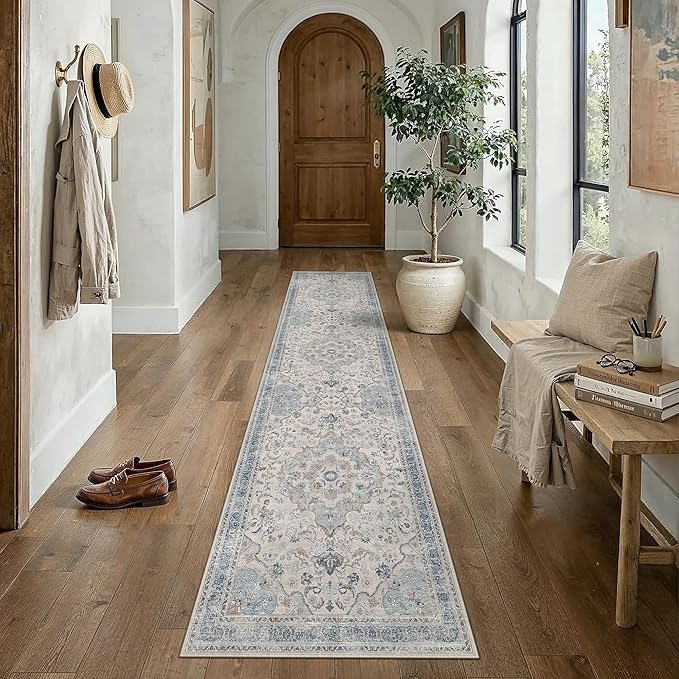 Blue Runner Rug 2.6x12 Entryway Vintage Floral Non-Slip Carpet | Machine Washable, Soft, Low Pile, Distressed, for Hallway, Kitchen, Laundry Room, Bathroom, Retro Neutral Decor