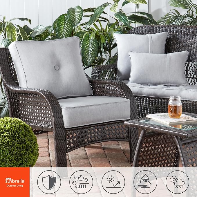 Sunbrella Deep Seat Cushion Set – Seat & Back Cushions for Patio Chairs, Sofas & Loveseats – Fade Resistant Outdoor Fabric, Ties, Zippered Cover, Cord Trim, Canvas Granite