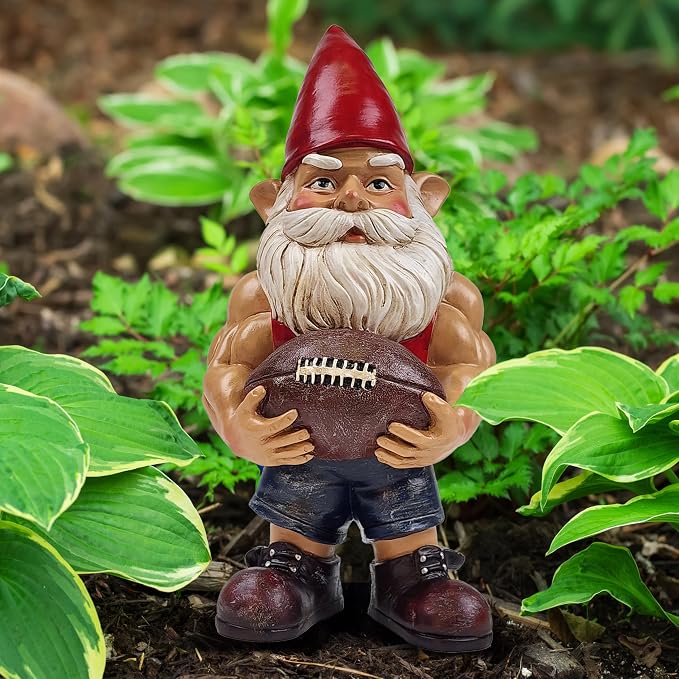 Better Office Products Garden Gnome Statue, 12" Height, Handcrafted Waterproof, UV-Resistant Polyresin Lawn Patio Porch Ornament Decoration (Muscled Football Player with Glowing Solar Light)