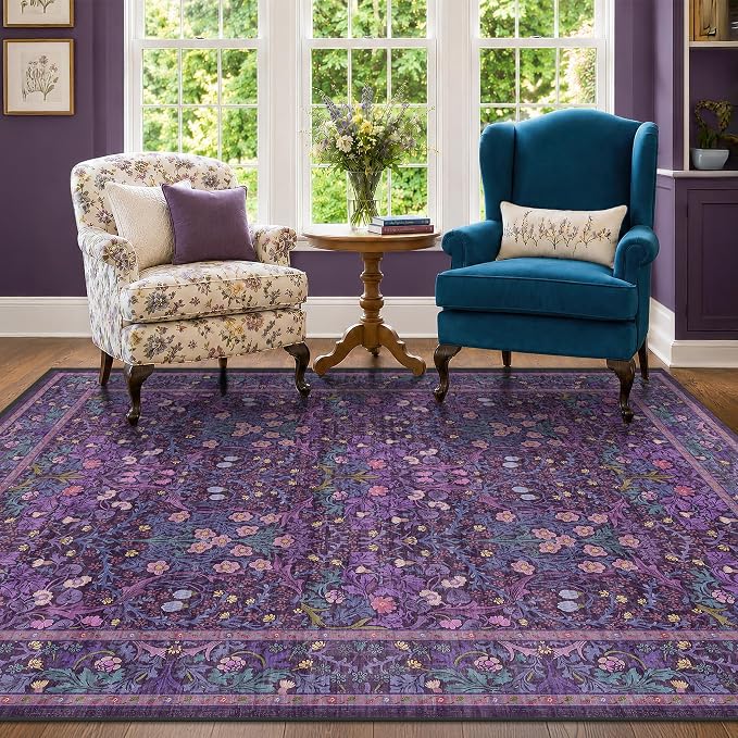 Washable Violet 5x7 Area Rug for Living Room, Vintage Dark Purple Dining Room Rugs for Under Table, Boho Foldable Low Pile Soft Carpet, Stain Resistant & Traditional Plum Floral Design