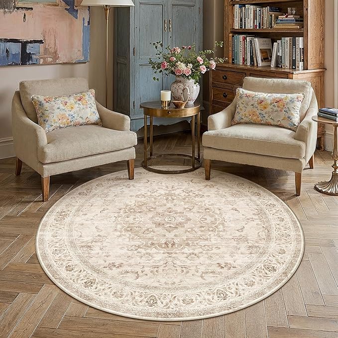 5R Beige Washable Round Rug Non Slip Vintage Carpet | Low Pile, Stain Resistant, Living Room, Kitchen, Bedroom, Nursery, Office, Dining Room, Hallway, Soft, Thin, Lightweight