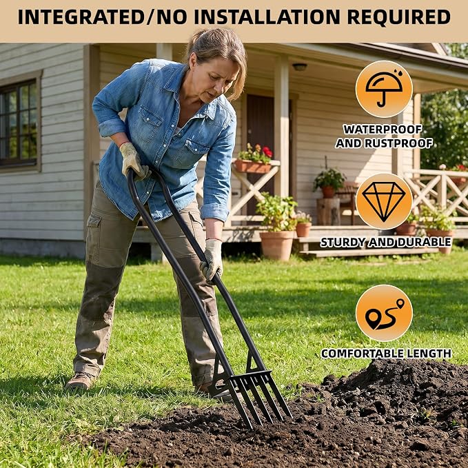 Garden BroadFork,5 Tines Heavy Duty Metal Pitchfork Hand Tiller,Integrated Potato Fork with Ergonomic U-Shaped Handle,Spading Digging Fork for Gardening,Cultivating (47" Heavy Duty BroadFork-HS)