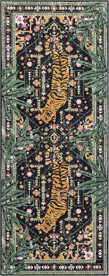 Oriental Tropical Hallway Runner Rug 2x6 Washable, Thin Stain Resistant Black Boho Runner Rug for Entryway Kitchen Bedroom Laundry, Vintage Abstract Hippie Botanical Long Floor Carpet