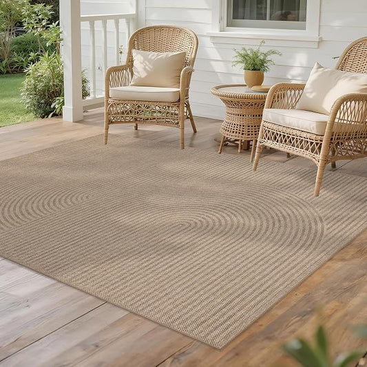 Easy Jute Rug 4x6 Outdoor: Natural Modern Area Rugs for Patio Porch Deck Linen-Look Fabric Durable - Neutral Washable Carpet for Entryway Living Room Bedroom Indoor Non Slip - Swirl Curved Pattern