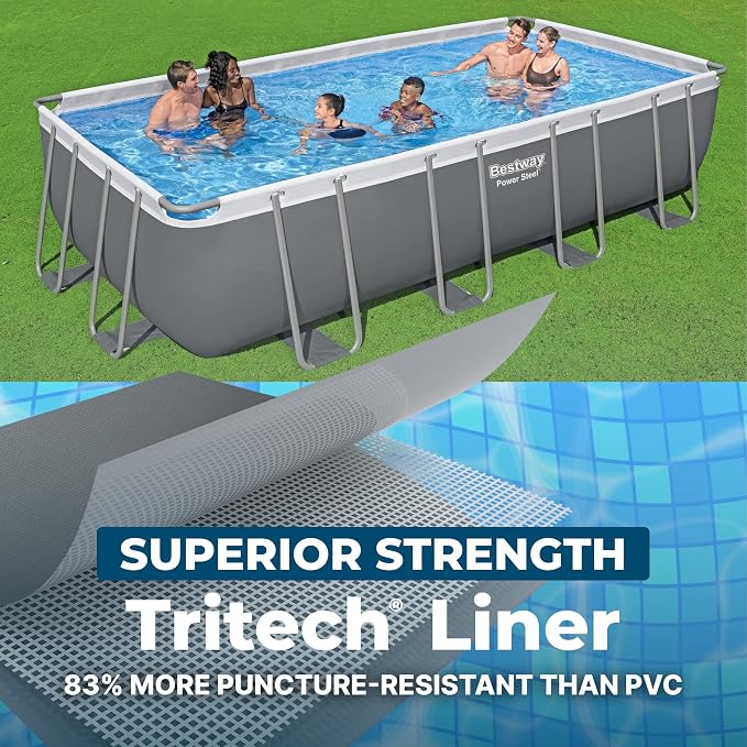 Bestway Power Steel 18' x 9' x 48" Above Ground Pool Set with Pump | Durable Rectangular Metal Frame Outdoor Backyard Pool - Ladder, Cover, and Type III Filter Cartridge Included, Gray