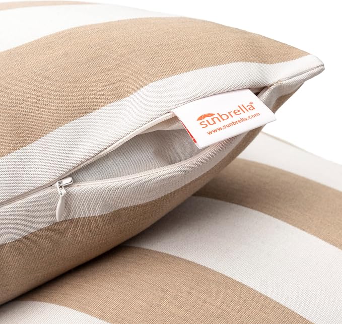 Austin Horn Classics Sunbrella Maxim Heather Beige - Cabana Stripe, Zippered & Reversible 18-inch x 18-inch Pillow Cover ONLY (Set of 2) Indoor/Outdoor Easy Clean Fill Sold Seperately