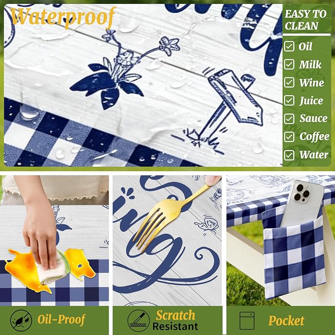 Picnic Table Cover with Bench Covers Elastic,Fitted Table Cloths for Rectangle Tables 6 Foot Washable,Waterproof Tablecloth for Outdoor Camping Essentials (Blue Checked, 6 Foot)