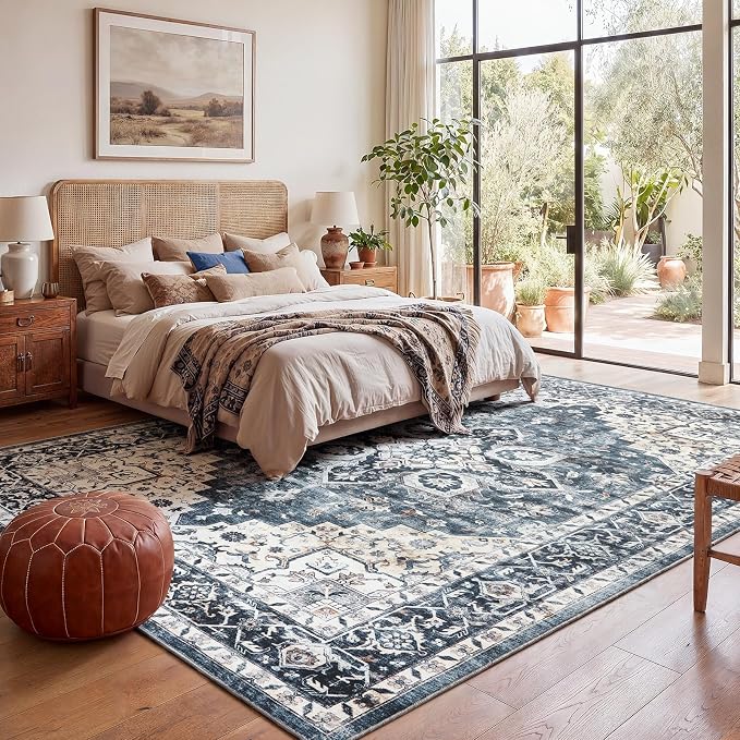 AMADA HOMEFURNISHING 8x10 Washable Area Rug, Low-Profile with Non-Slip Backing & Durable Edge Binding, Vintage Large Rugs for Living Room, Bedroom, Dining Room, Blue