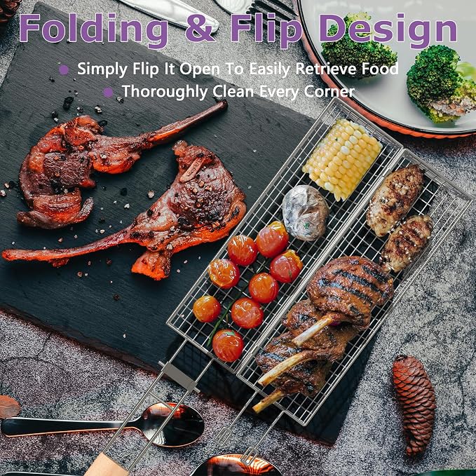 Rolling Grill Basket, Grill Baskets for Outdoor Grill, REMOVABLE HANDLE, Anti-Scorch Stainless Steel BBQ Net Tube for Meat, Shrimp, Vegetables, Grill Accessories, Gifts for Dad, Husband (Round)