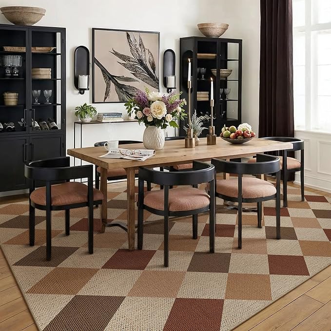 PureCozy 8x10 Checkered Easy Jute Area Rug for Living Room Large Checkerboard Washable Indoor Outdoor Carpet Farmhouse Patio Office Mat Geometric Non Slip Brown-Beige Carpet for Backyard Dining Room