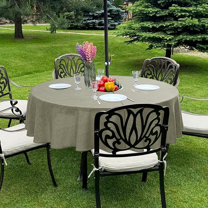 LUSHVIDA Outdoor Tablecloth with Umbrella Hole - Patio Table Cloth Zippered Round 60 Inch, Khaki Linen-Look Polyester Table Cover Water Resistant for Picnic Outside