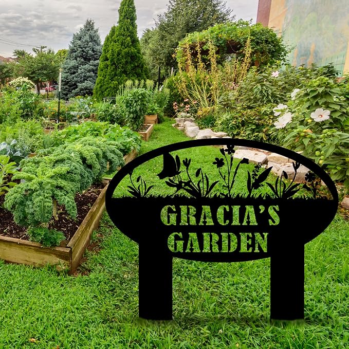 Personalized Metal Garden Sign, Custom Flower Sign with Stakes, Garden Decor for Outside, Garden Family Name Sign, Outdoor Steel Yard Sign, Large Patio Garden Sign Art, Housewarming Gift