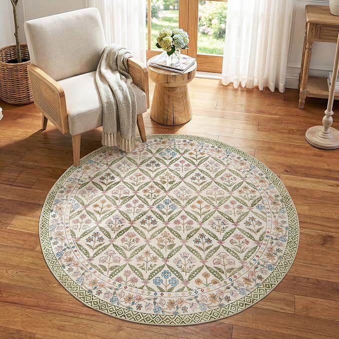 jinchan Round Rug 5ft Vintage Floral Washable Circle Area Rug, Sage Green | Soft & Lightweight, Checkered Floral, Low Pile, Non Slip, Bedroom, Living Room, Entryway, Girls Room, Reading Nook