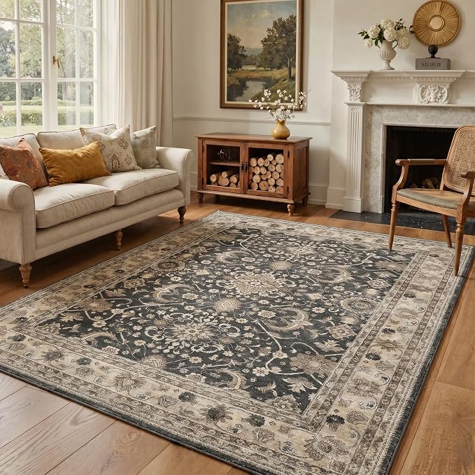 5X7 Area Rug for Living Room, Washable Boho Oriental Floral Non Slip | Easy Care Faux Wool Rug for Bedroom Dining Room, Dusty Taupe Vintage Floral Rug, Non-Shedding, Vacuum Friendly, Thin Indoor