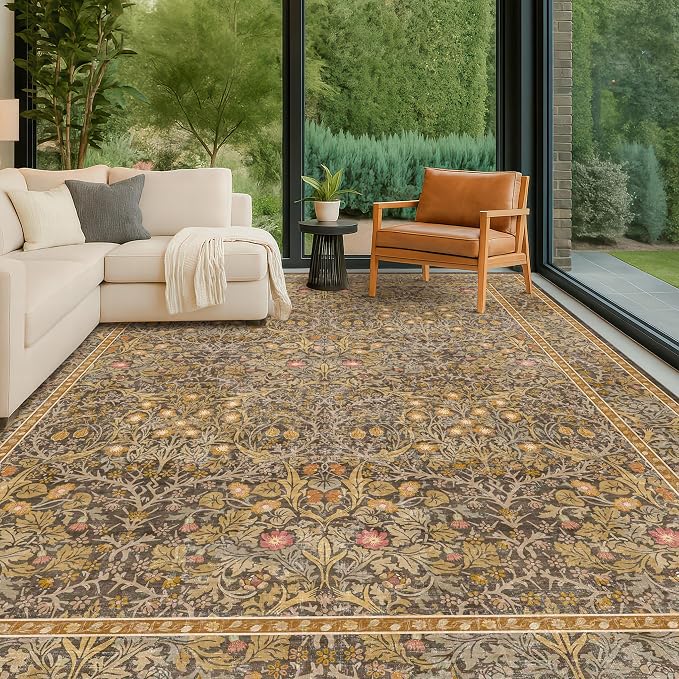 Washable 9x12 Living Room Rug - Gold Brown Floral Area Rug for Dining Room Under Table, Low Pile Non-Slip Floor Carpet for Bedroom Under Bed - Vintage Taupe Design & Stain Resistance