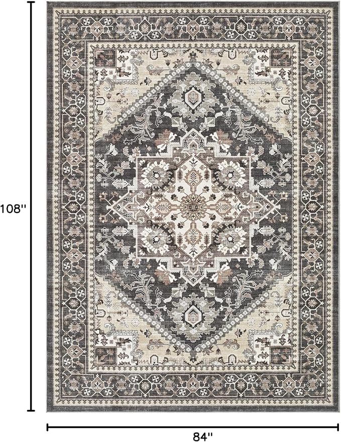 Washable Area Rug-7X9 Vintage Neutral Soft Black | Non Slip Thin Foldable Large Floor Carpet for Living Room Bedroom Kitchen Dining Room Home Office Farmhouse Indoor