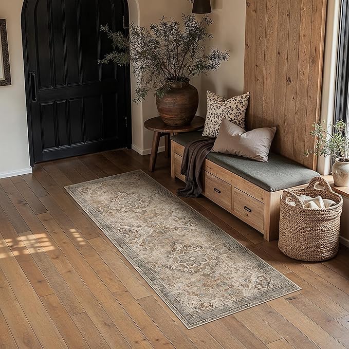 Brown Runner Rug 2x6 Kitchen Vintage Floral Non-Slip Carpet | Machine Washable, Soft, Low Pile, Distressed, for Hallway, Entryway, Laundry Room, Bathroom, Retro Farmhouse Decor