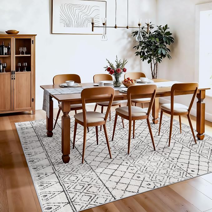 Square 6x6 Moroccan Area Rug:Machine Washable Non Slip Rug Geometric Grey | Low Pile Boho Floor Mat for Living Room Bedroom Game Room - Soft Non-Shedding Rugs for Home Office Decor