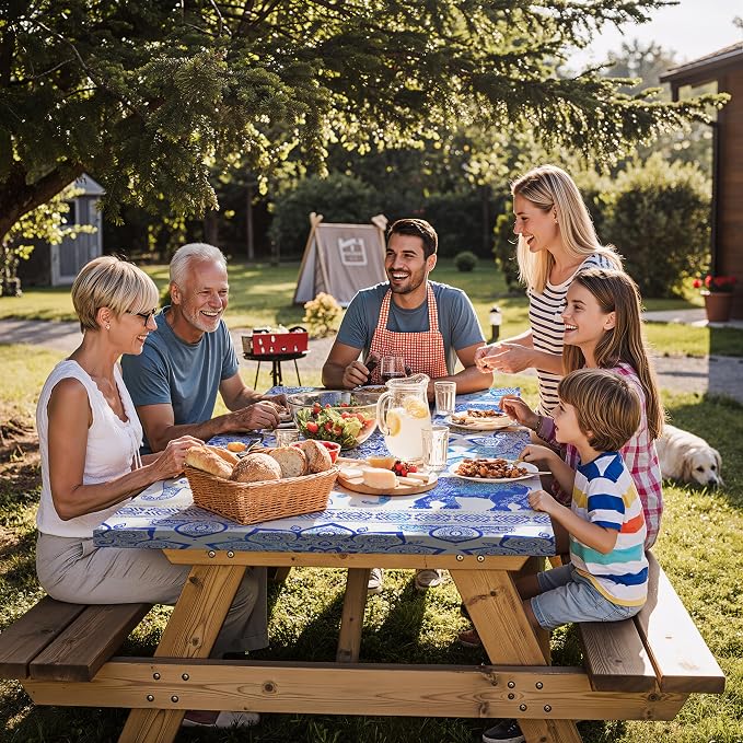 Fitted Waterproof Picnic Table Cover with Bench Covers Heavy Duty Elastic Outdoor Camping Tablecloth for 6 Foot Rectangle Tables Summer Rv Accessories Patio Garden Road Trip Essentials Gifts