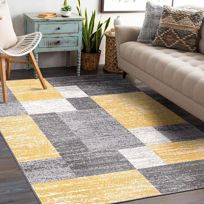 Rugshop Geometric Boxes Oslo Modern Non-Shedding Area Rug Yellow 5' x 7' | Rectangular, Size 5' x 7', Living Room, Bedroom, Dining Room, Home Office, Kitchen, Entryway, Hallway, Nursery, Kids Room