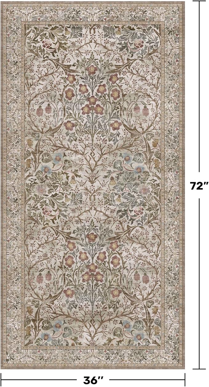 Vintage Moss Green 3x6 Runner Rugs for Large Entryway, Bedroom Beside Rug, Kitchen, Non-Slip Low Pile Ultra Soft Stain Resistant Small Floral Neutral Carpet