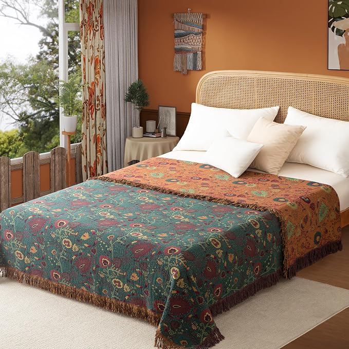 Phuryllic Boho Throw Blanket Queen Size, Oversized Soft Cozy Cotton Muslin Quilt Blanket for Bed Decor, Floral Patterned Couch Sofa Chair Cover, Vintage Farmhouse Cottage Woven Blanket, Green&Orange
