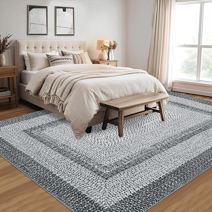 RUGSREAL Large Bedroom Rug 6x9 Washable Braided Print Living Room Rugs | Non Slip Low Pile Farmhouse Rustic Carpet Geometric Bordered Braided Carpet for Nursery Kitchen Home Office, Grey