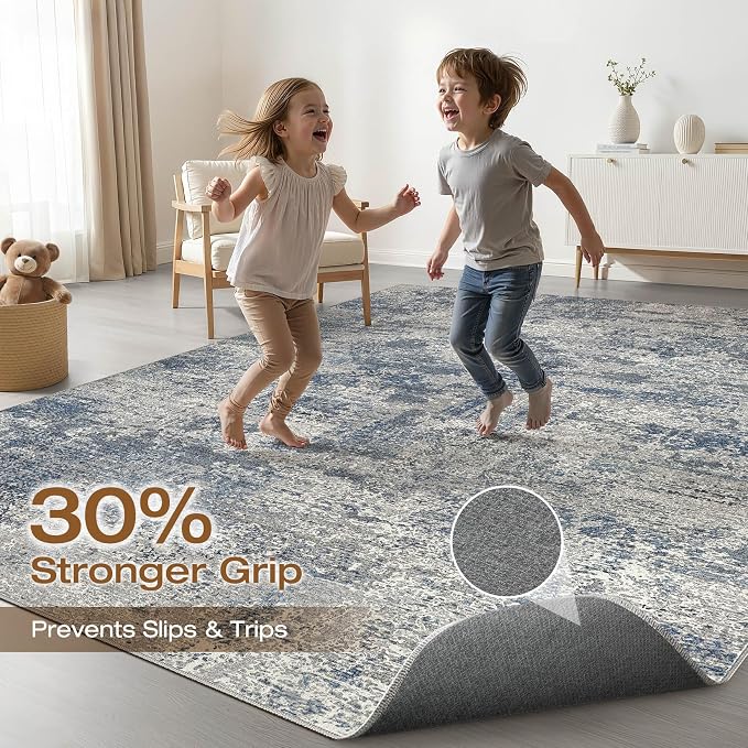 LOONGRUG 5x8 Area Rug Washable Neutral Modern Rug for Living Room Blue Gray | Abstract Soft Stain Resistant Indoor Floor Non-Slip Carpet for Bedroom Nursery Kids Office Playroom