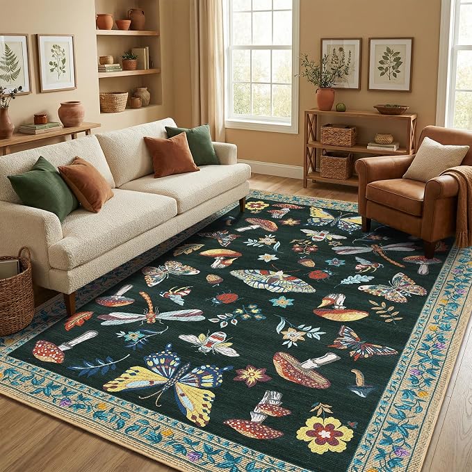 ROYHOME Mushroom Insect Washable Rug 5x7 for Bedroom Living Room Black | Playroom Nursery Office Bug Moth Cute Funky Cottage Core Whimsical Boy Carpet Low-Pile Non-Slip Stain Resistant TPE Backing