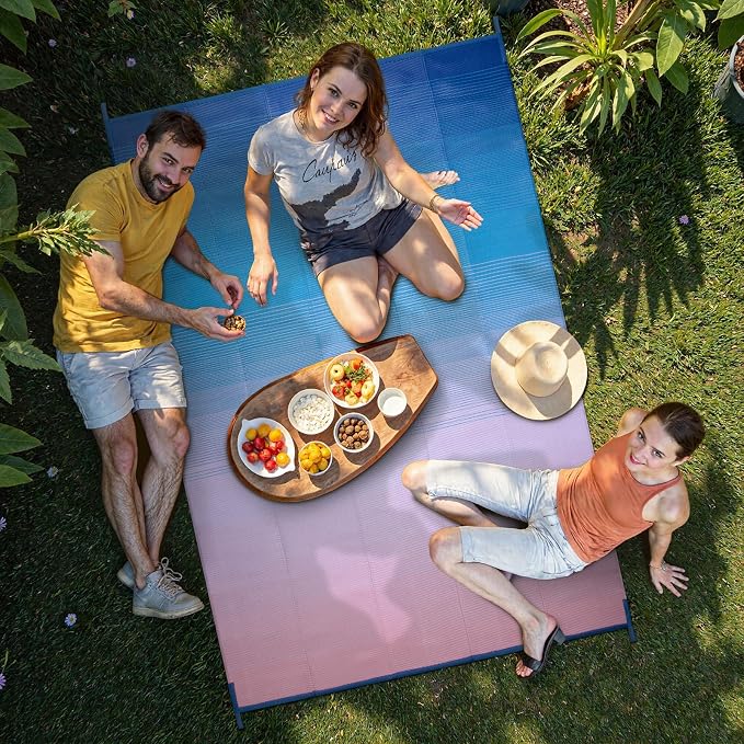 Lahome 6x9 Outdoor Rugs for Patios, Waterproof Camping Deck Rugs for Tents, Lightweight Plastic Straw Rugs for Outside Balcony Backyard Garden, Blue Pink 6'x9'