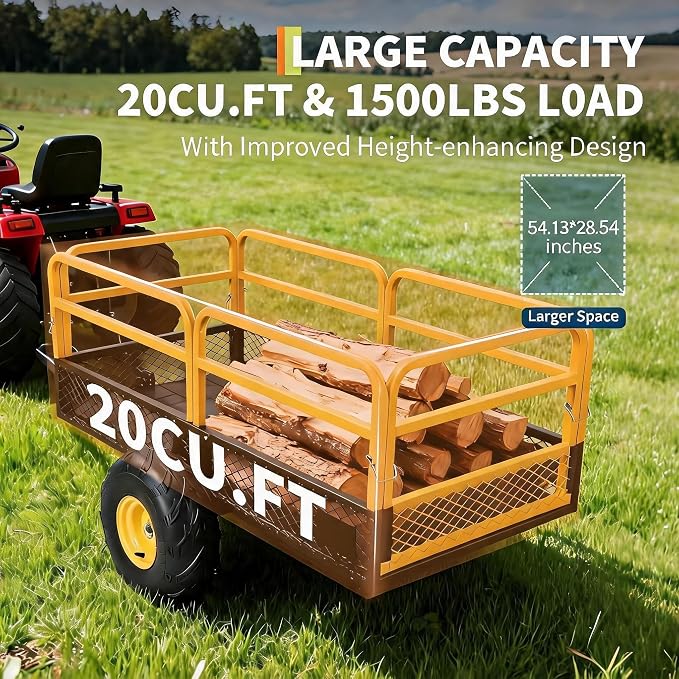 Garvee ATV UTV Trailer Tow Behind Dump Cart, Heavy Duty Yard Garden Trailer | 1500 lbs 20 Cubic Feet, Removable Sides & All Terrain Tires, ATV UTV Trailer For Lawn Mower Tractor, Yard Garden Use