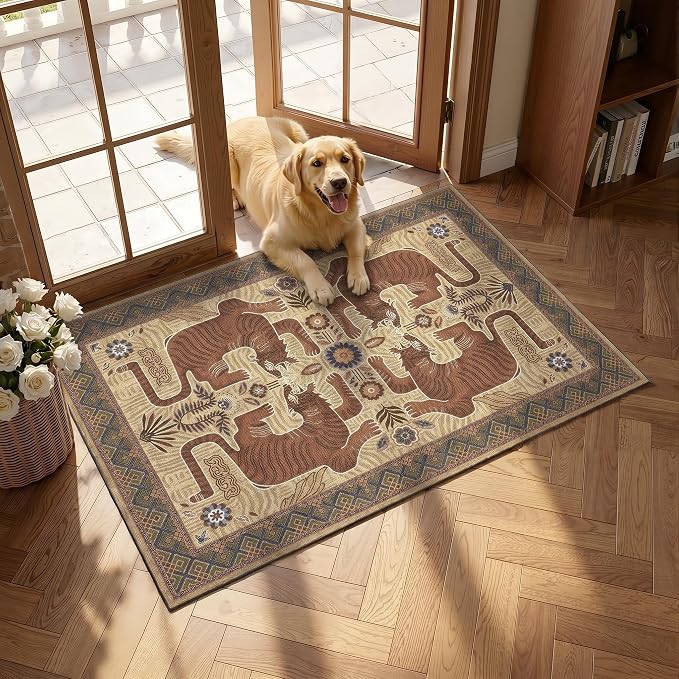 GarveeHome Boho Tiger Entryway Rug 2x3 Vintage Washable Front Door Rug | Tribal Non-Slip Low Pile Indoor Entrance Animal Carpet Throw Rugs for Kitchen Floor, Powder Room, Entry, Bathroom, Kidss Room