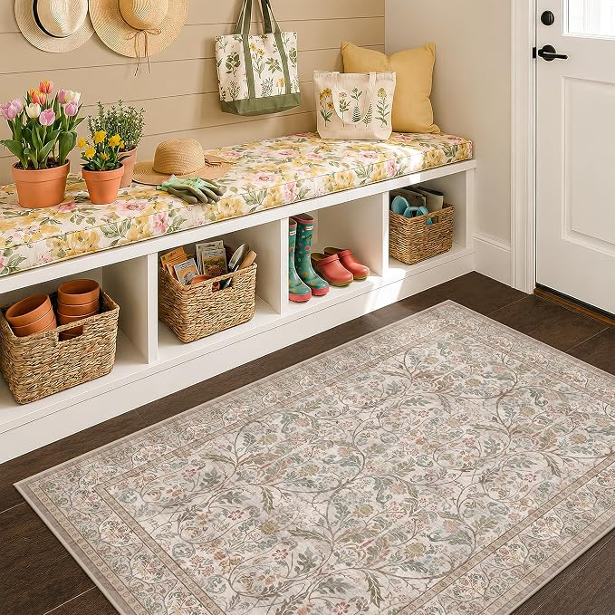 Moss Green Washable 3x5 Rug, Small Area Rug for Entryway Bedroom Bathroom Kitchen, Vintage Floral Non Slip Soft Door Mat, Low Pile Stain Resistant Carpet