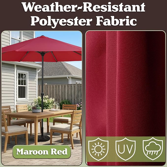 Pure Garden 9FT Round Patio Umbrella with 19lb Weighted Base - Easy Crank, Vented Canopy Outdoor Umbrella for Shade - for Deck, Balcony, Porch, Backyard, or Pool (Maroon Red)