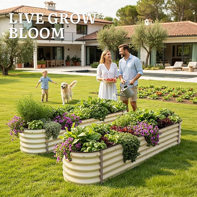 YITAHOME 8x2x1.5ft Galvanized Oval Raised Garden Bed, Metal Planter Box with Safety Rubber, Gloves, Outdoor Flower Bed for Planting Plants Vegetables, Cream Yellow