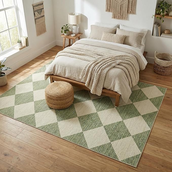 GarveeHome 5x7 Checkered Area Rug Sage Green Washable Living Room Rug | Modern Geometric Farmhouse Carpet Soft Low Pile Non Slip Diamond Floor Mat Plaid Print Throw Rug for Dining Room Playroom