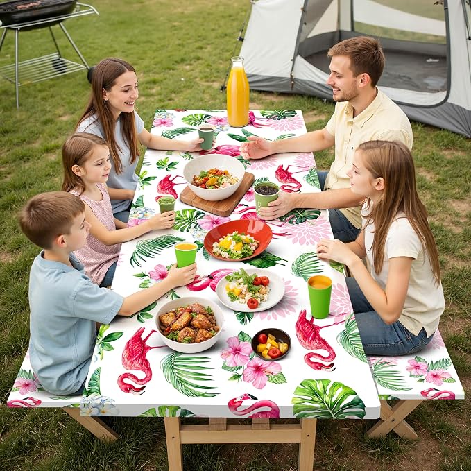 Picnic Table Cover with Bench Covers Elastic,Fitted Table Cloths for Rectangle Tables 6 Foot Washable,Waterproof Tablecloth for Outdoor Camping Essentials Accessories(6 Foot,Flamingo)