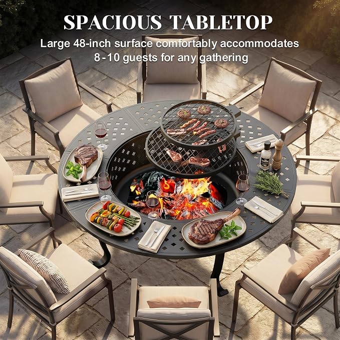 Outdoor Fire Pit, 48" Fire Pit for Outside Wood Burning with Adjustable 2 Grills, Firepit with Lid and Fire Poker, BBQ, Bonfire, Round Outdoor Fireplace 3 in 1 for Patio, Backyard, Garden, Camping