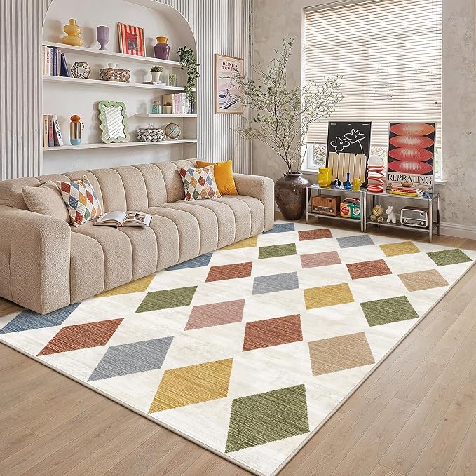 Colorful 5x7 Washable Area Rug Kids Room Non Slip Checkered Carpet | Soft, Low Pile, Easy Clean, Diamond Pattern for Living Room, Bedroom, Office, Nursery, Dining Room, Modern Indoor Decor