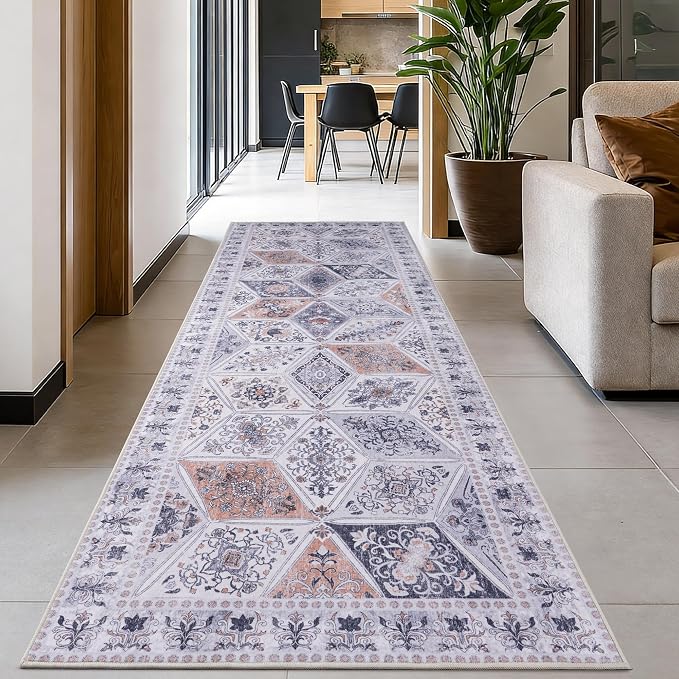 Moroccan Vintage Distressed Boho Floral Geometric 2.7x10 Runner Rug | Washable Non Slip Throw Floor Long Carpet Runner for Hallway Entryway Kitchen Bathroom Bedroom Livingroom Light Grey