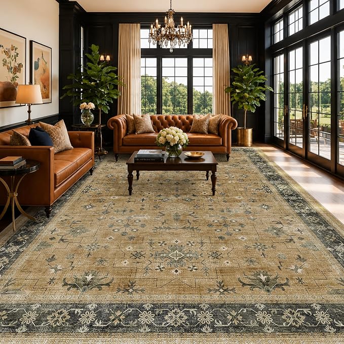 Vintage Boho 8x12 for Living Room - Machine Washable Rugs for Bedroom, Rustic Brown and Charcoal Olive Dining Room Rugs for Under Table, Low Pile Non-Slip Rubber Backing & Stain Resistant