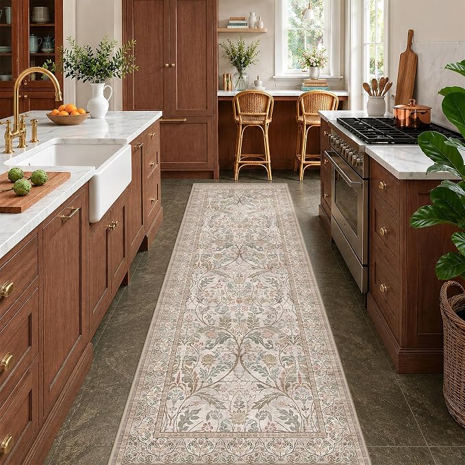 Vintage Moss Green 2‘6“x8’ Kitchen Runner Rug Non Slip - Washable Long Hallway Rug, Thin Neutral Taupe Traditional Decor Runner for Laundry Room, Bathroom, Entrance