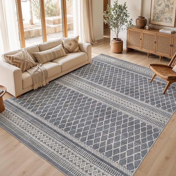 cotiled Boho 8x10 Area Rugs for Living Room: Large Moroccan Washable Rug | Stain Resistan Carpet for Bedroom Farmhouse Dining Room Grey
