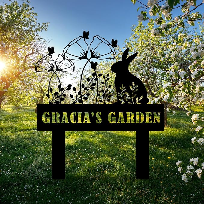 Custom Metal Rabbit and Flower Garden Stake, Bunny Metal Garden Sign, Personalized Easter Rabbit with Flower Sign, Farm Animal Sign, Pet Grave Marker, Rabbit Sympathy Gift, Pet Loss, Remembrance Stake