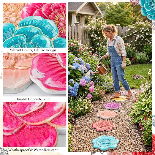 Landical 6 Pack Decorative Stepping Stones for Garden 10 Inch Cement Flower Stepping Stones Decoration for Patio Walkway Yard Outdoor(Camellia)