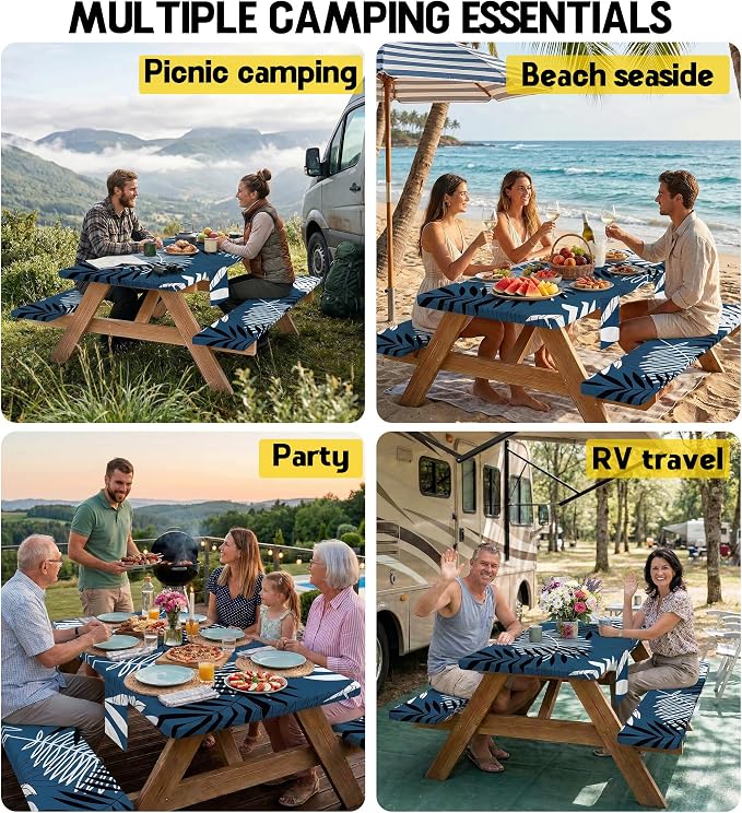 Picnic Table Cover with Bench Covers Tablecloth Glamping Essentials Gear Table Cloth Outdoor Summer Motorhome Cool Fun Unique Ideas Gifts for Camper Camping Lovers RV Owner Family Couple Dad Men Male
