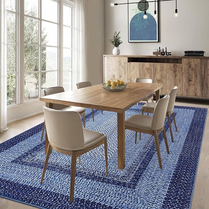 RUGSREAL 8x10 Washable Area Rug for Living Room with Rubber Backing | Stain Resistant Large Bedroom Throw Carpet Modern Geometric Floor Cover Modern Border Rug for Home Decor Office, Navy